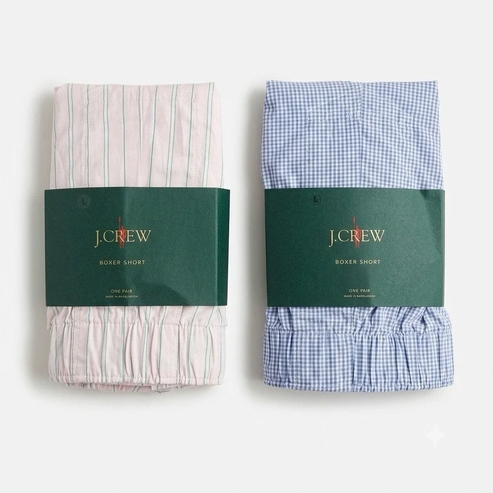 NWT Lot of 2 J Crew Boxer Short Mens Sz L Underwear Check / Striped Cotton Pink
